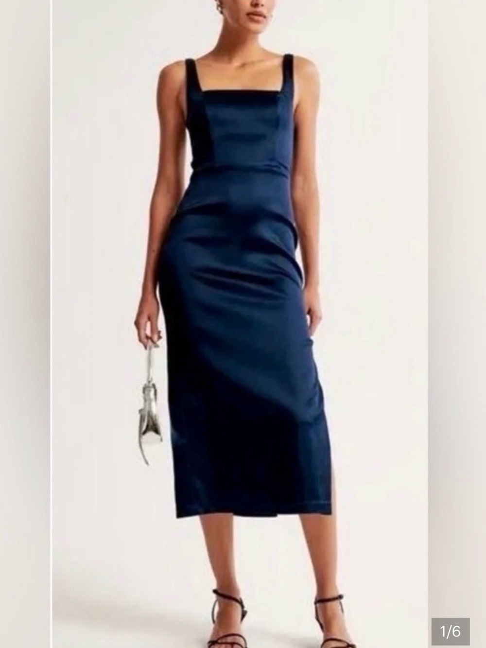Abercrombie & Fitch Navy Square-Neck Satin Midi Dress